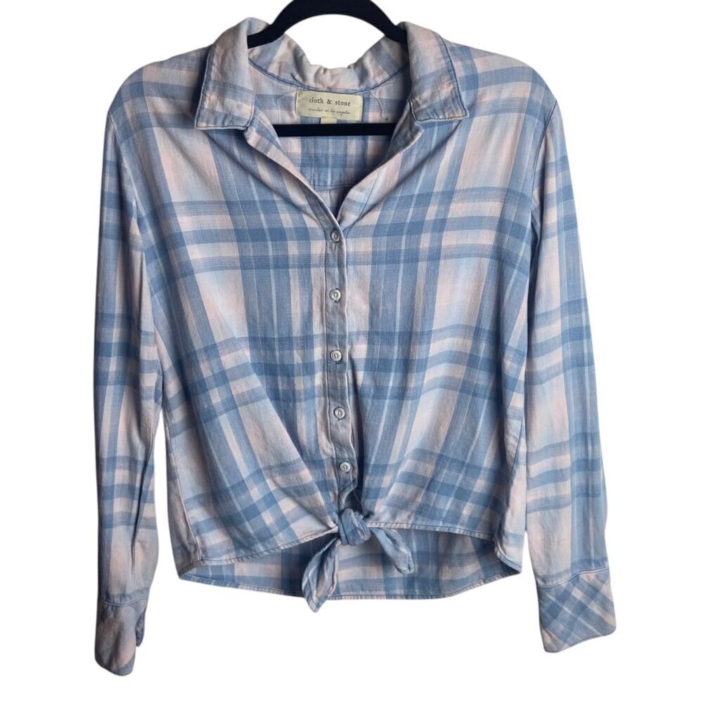 Cloth & Stone Size S Flannel Button Down Tie Shirt Blue Pink Pastel Plaid Boho